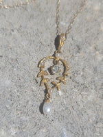 10k gold mine cut diamond & pearl antique necklace pendant lavaliere