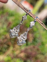 14k white gold diamond DECO filigree estate lever back earrings
