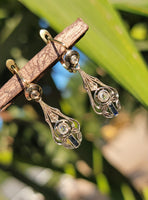 18k gold two tone Art Deco diamond and sapphire earrings dangle drops