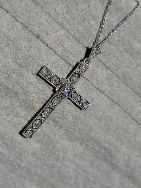 platinum Art Deco c.20's c.30's antique diamond CROSS pendant necklace