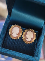 14k yellow gold carved shell cameo antique studs earrings