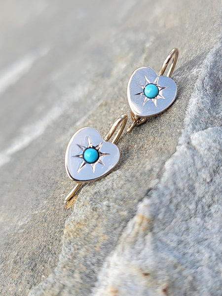 10k yellow gold turquoise heart 💙 antique earrings