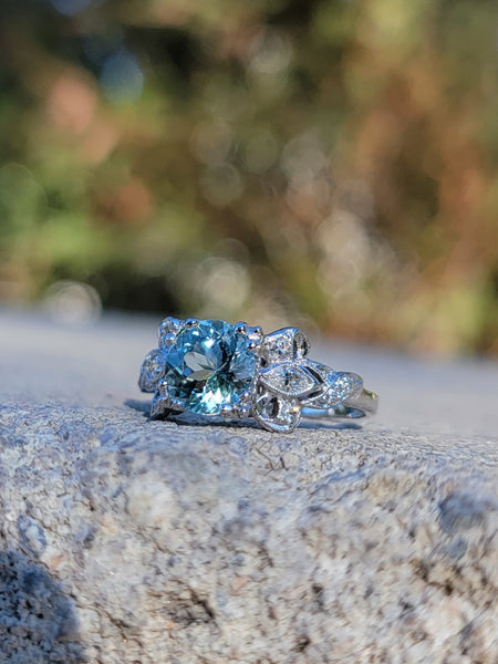 platinum BOW motif aquamarine & diamond estate ring HOLD