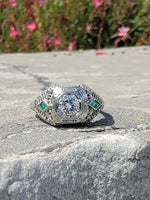 18k white gold Emerald & Diamond estate Art Deco vintage filigree antique ring