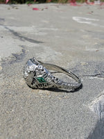 18k white gold Emerald & Diamond estate Art Deco vintage filigree antique ring