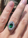 14k white gold Art Deco diamond & green tzavorite garnet ring