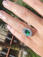 14k white gold Art Deco diamond & green tzavorite garnet ring