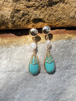 14k yellow gold Turquoise & Pearl lavaliere necklace pendant & earrings suite set