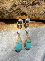 14k yellow gold Turquoise & Pearl lavaliere necklace pendant & earrings suite set