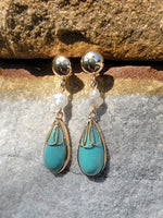 14k yellow gold Turquoise & Pearl lavaliere necklace pendant & earrings suite set