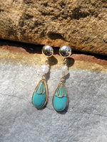 14k yellow gold Turquoise & Pearl lavaliere necklace pendant & earrings suite set