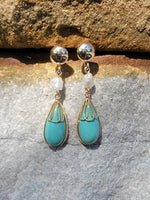 14k yellow gold Turquoise & Pearl lavaliere necklace pendant & earrings suite set