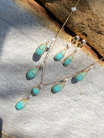 14k yellow gold Turquoise & Pearl lavaliere necklace pendant & earrings suite set