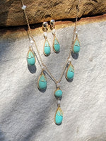 14k yellow gold Turquoise & Pearl lavaliere necklace pendant & earrings suite set