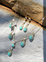 14k yellow gold Turquoise & Pearl lavaliere necklace pendant & earrings suite set