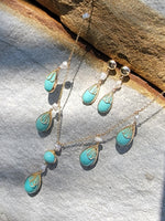 14k yellow gold Turquoise & Pearl lavaliere necklace pendant & earrings suite set