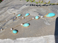 14k yellow gold Turquoise & Pearl lavaliere necklace pendant & earrings suite set