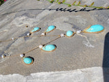 14k yellow gold Turquoise & Pearl lavaliere necklace pendant & earrings suite set