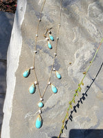 14k yellow gold Turquoise & Pearl lavaliere necklace pendant & earrings suite set