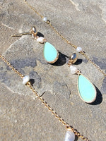 14k yellow gold Turquoise & Pearl lavaliere necklace pendant & earrings suite set