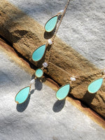 14k yellow gold Turquoise & Pearl lavaliere necklace pendant & earrings suite set