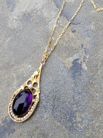 14k gold Victorian amethyst, pearl & diamond necklace pendant lavaliere