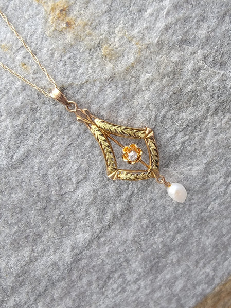 10k gold diamond & pearl antique necklace pendant lavaliere