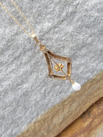 10k gold diamond & pearl antique necklace pendant lavaliere