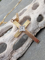 14k gold two tone engraved diamond CROSS pendant necklace