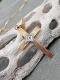 14k gold two tone engraved diamond CROSS pendant necklace