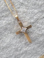 14k gold two tone engraved diamond CROSS pendant necklace