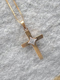 14k gold two tone engraved diamond CROSS pendant necklace