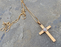 14k gold two tone engraved diamond CROSS pendant necklace