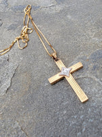 14k gold two tone engraved diamond CROSS pendant necklace