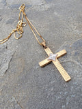 14k gold two tone engraved diamond CROSS pendant necklace
