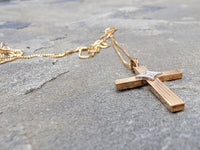 14k gold two tone engraved diamond CROSS pendant necklace