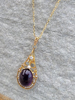 14k gold Victorian amethyst, pearl & diamond necklace pendant lavaliere