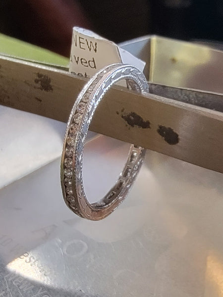 Platinum diamond channel set engraved eternity wedding stackable band - size 5
