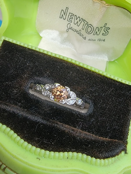 18k white gold cognac brown colored European diamond c.1920's antique engagement ring