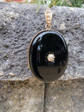 14k gold Victorian estate LOCKET diamond, onyx & pearl pendant necklace