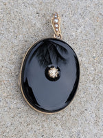 14k gold Victorian estate LOCKET diamond, onyx & pearl pendant necklace