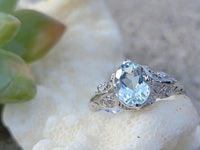 14k white gold c.1920's filigree Aquamarine ring
