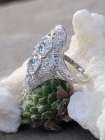 platinum Art Deco c.1920's floral filigree diamond glove shield ring - apx 1.50ct tw