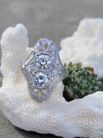 platinum Art Deco c.1920's floral filigree diamond glove shield ring - apx 1.50ct tw