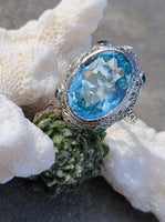 14k gold c.1920's Art Deco filigree aquamarine, emerald & enamel ring