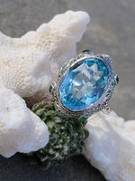 14k gold c.1920's Art Deco filigree aquamarine, emerald & enamel ring