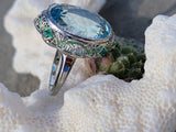 14k gold c.1920's Art Deco filigree aquamarine, emerald & enamel ring