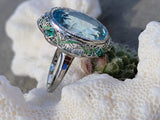 14k gold c.1920's Art Deco filigree aquamarine, emerald & enamel ring