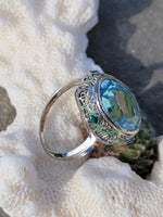 14k gold c.1920's Art Deco filigree aquamarine, emerald & enamel ring