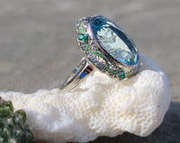 14k gold c.1920's Art Deco filigree aquamarine, emerald & enamel ring